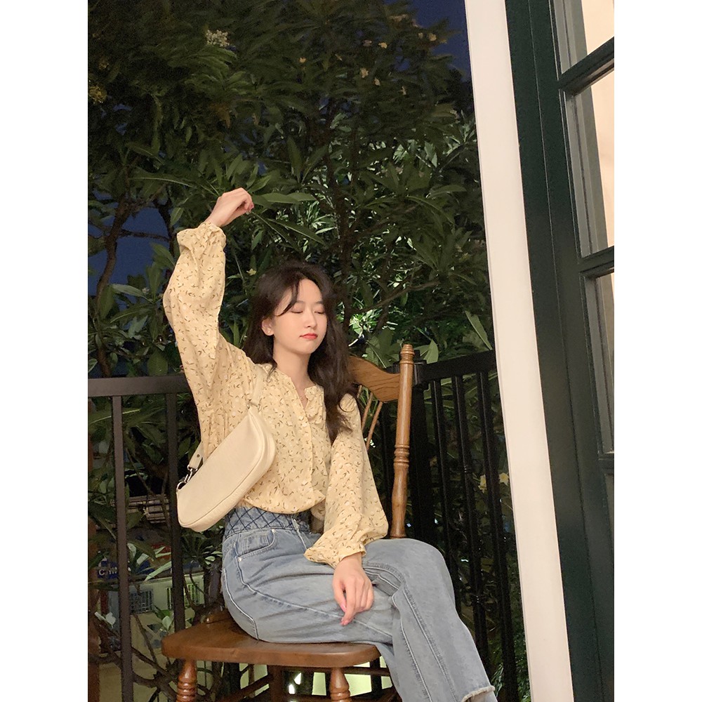 Áo sơ mi tay dài họa tiết hoa xinh xắn phong cách Pháp nữ tính | BigBuy360 - bigbuy360.vn