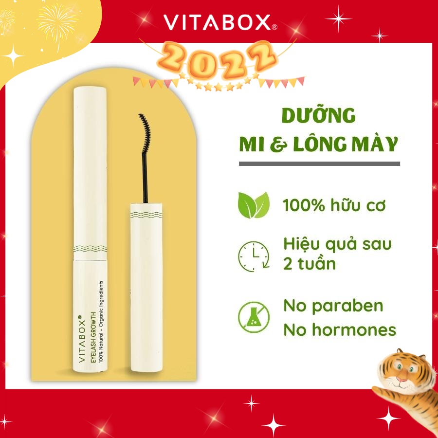 Dưỡng mi và lông mày VITABOX giúp mi dài dày tự nhiên, từ dầu dừa, thầu dầu castor hữu cơ an toàn, đầu mascara cong