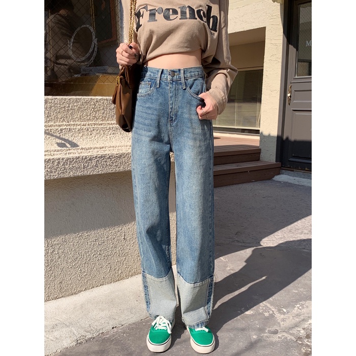 Quần jeans nữ ống rộng lưng cao phong cách Hàn Quốc