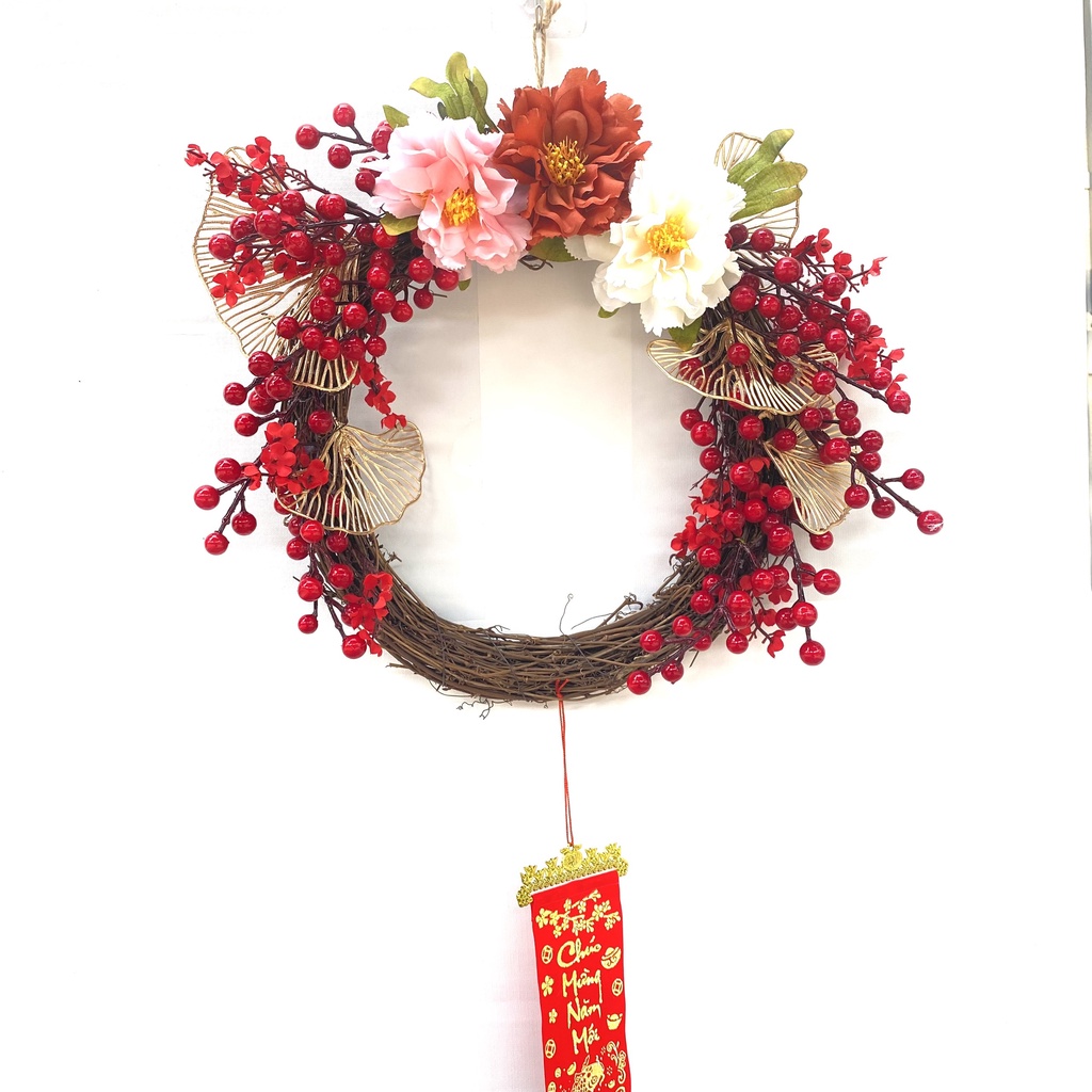 Vòng hoa đào đông đỏ trang trí tết H42