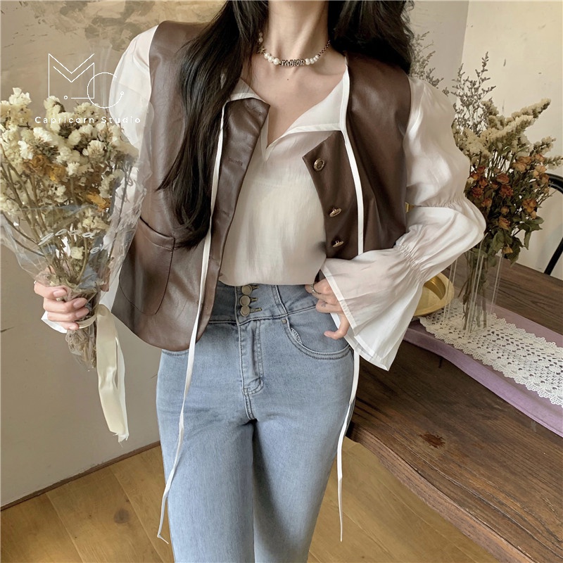 Set áo sơ mi bay và áo gile da màu nâu cá tính phong cách Ulzzang