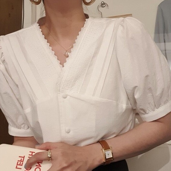 Áo Sơ Mi Nữ Cổ Chữ V Tay Ngắn Phối Ren Thời Trang 43052
