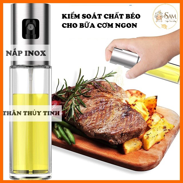 Bình xịt dầu ăn thủy tinh nắp inox 100ml, dành cho nồi chiên không dầu, các món chiên rán nướng