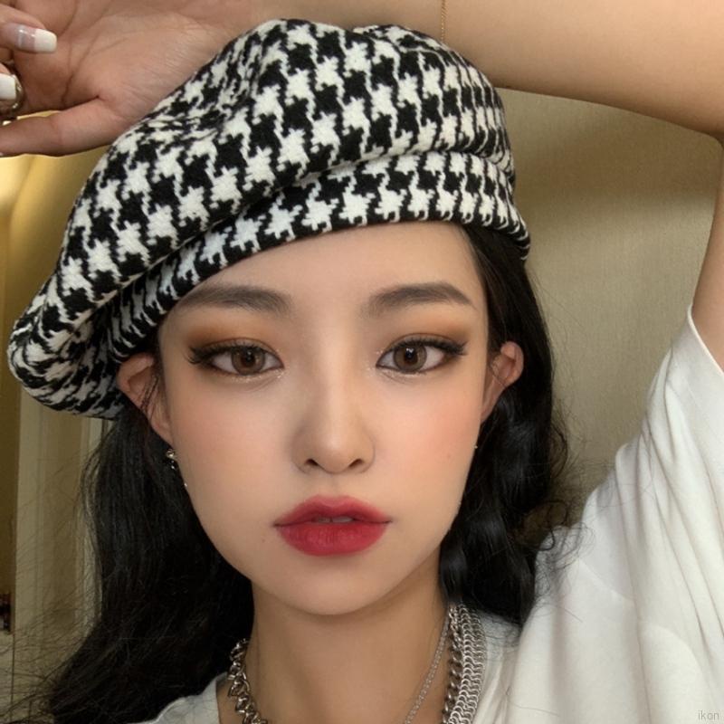 Mũ nồi họa sĩ co giãn in họa tiết Houndstooth Pháp cho nữ