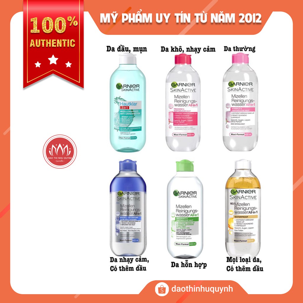 Nước Tẩy Trang GARNIER Micellar Water Skin Mizellen Reinigungs Wasser All in 1 Hồng -Vàng - Xanh 400ml