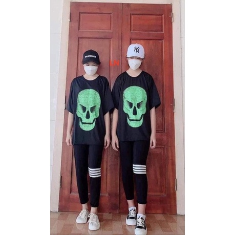 Sét áo đầu lâu xanh + quần legging 4 vạch