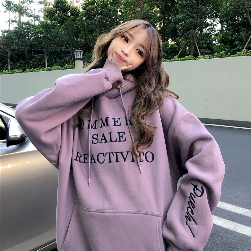 Áo hoodie SUXI dáng rộng thêu họa tiết chữ cái phong cách Hàn Quốc retro thời trang mới dành cho nữ