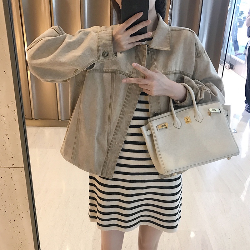 Đầm dệt kim tay ngắn dáng suông kẻ sọc dễ phối đồ