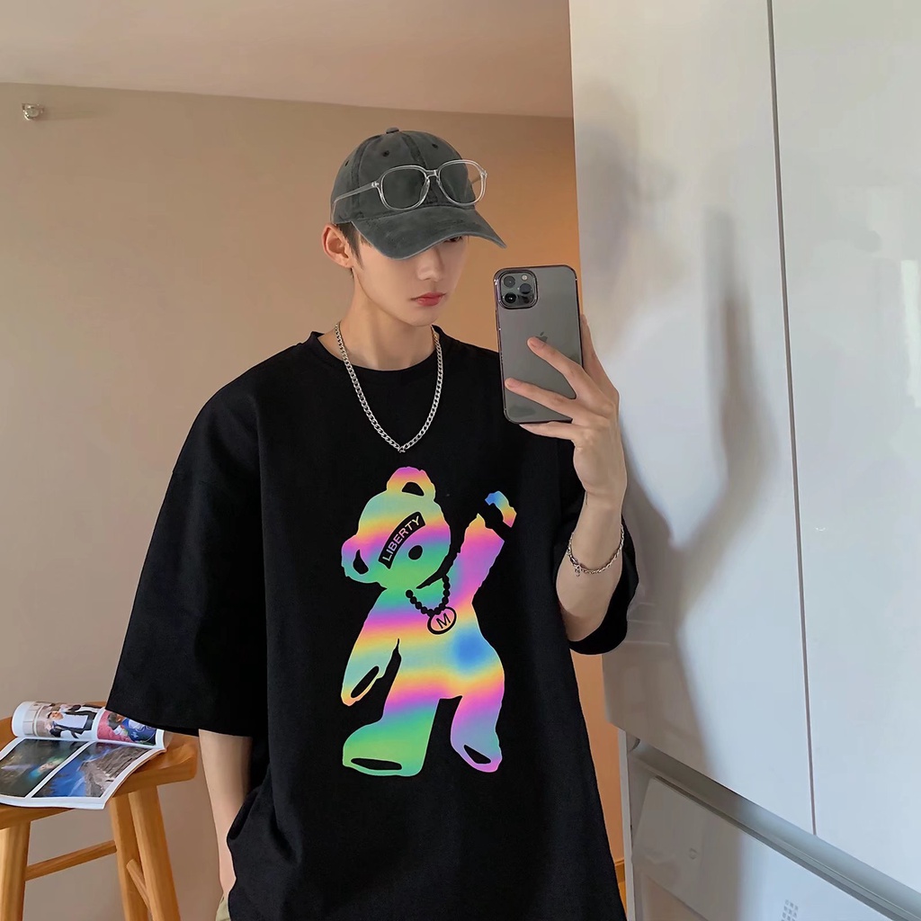 Áo Thun Mùa Hè Dáng Suông Tay Cộc In Họa Tiết Gấu Hoạt Hình Phong Cách Hàn Quốc Thời Trang Cho Nam Và Nữ size M-5XL