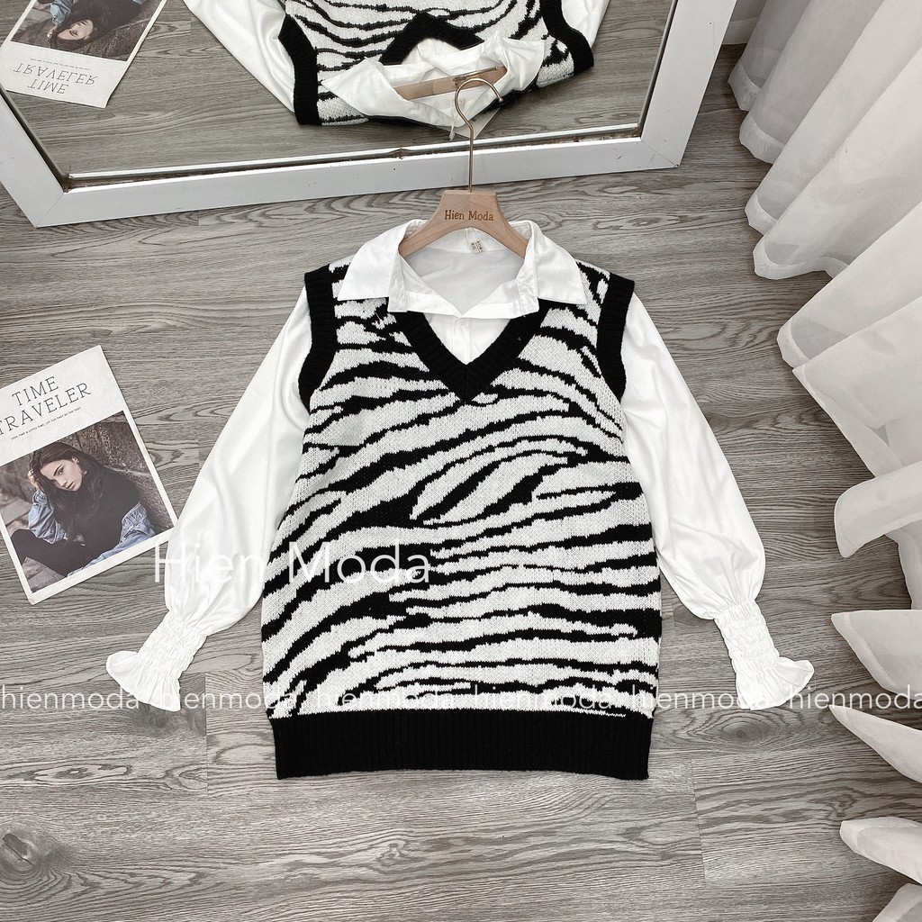 Áo len gile hoạ tiết vằn,áo Gile frorm rộng kiểu dáng hàn quốc | BigBuy360 - bigbuy360.vn