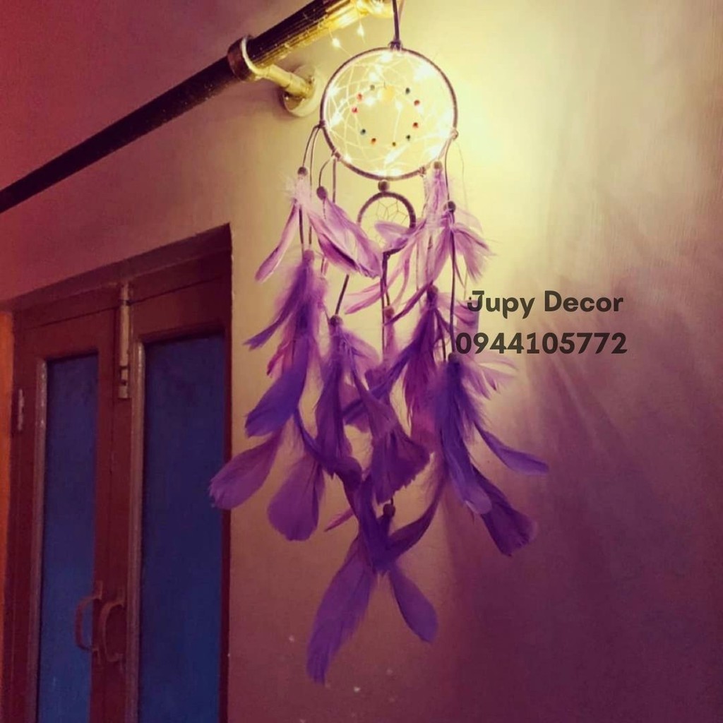 [SẴN + 🎁TẶNG ĐÈN ĐOM ĐÓM ] Dreamcatcher đính lông vũ màu pastel trắng /xanh /tím /hồng treo tường trang trí phòng ngủ