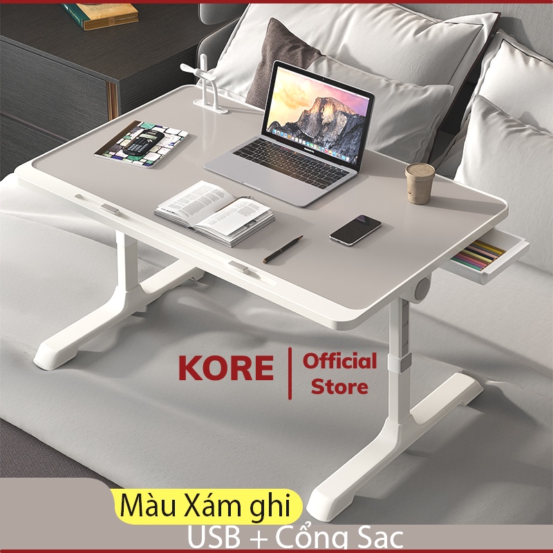 Bàn gấp gọn thông minh có cổng USB giá để điện thoại xoay 270 độ ngồi giường học và làm việc