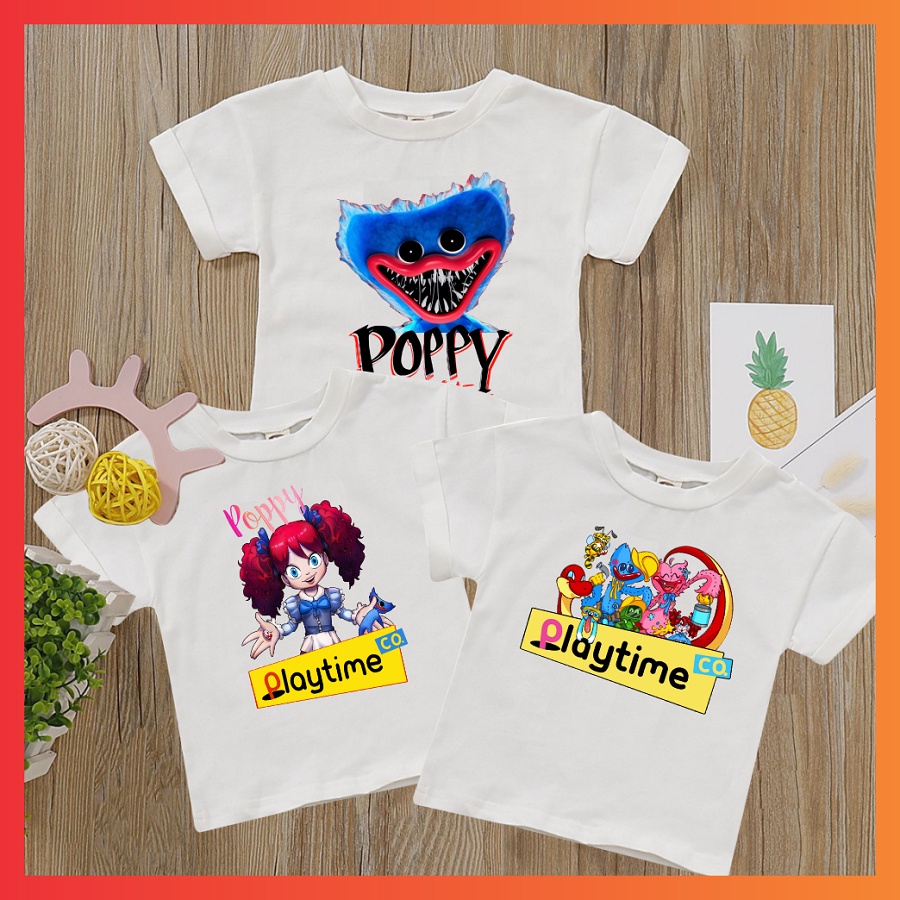 Áo thun tay ngắn in game poppy playtime và hình huggy wuggy cho trẻ em màu trắng cực hot