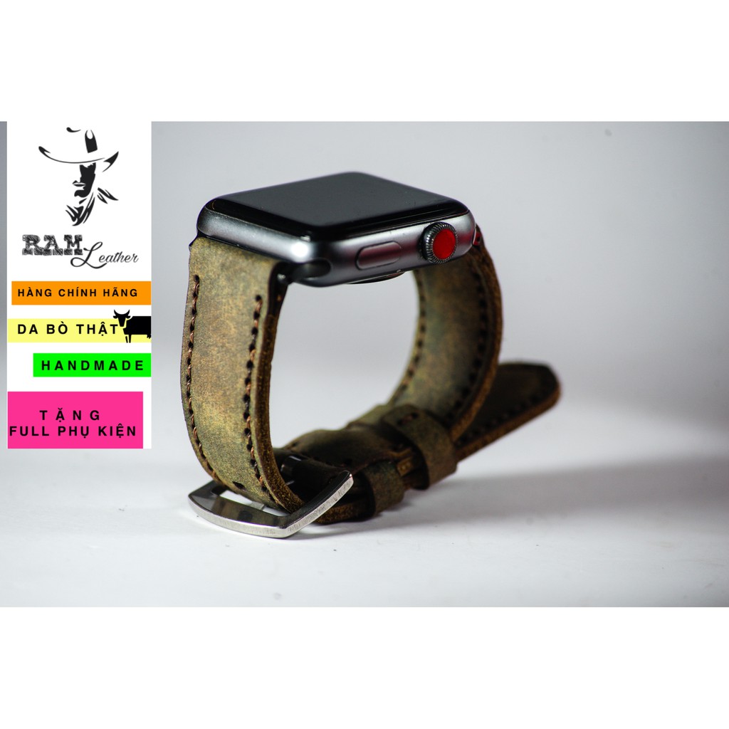 Dây đồng hồ da bò cao cấp màu quân đội RAM Leather - tặng khóa chốt và cây thay dây