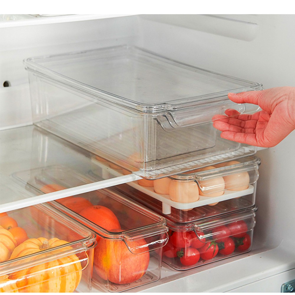 Khay tủ lạnh trong suốt cao cấp có nắp đậy tay cầm thông minh, ngăn hộp đựng thực phẩm giúp tủ lạnh trở nên gọn gàng