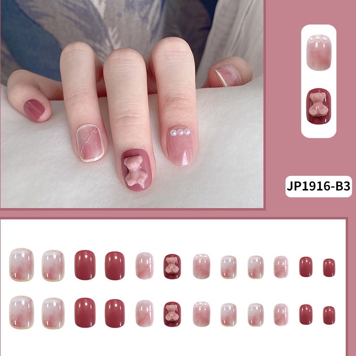 Móng tay giả thiết kế giá rẻ đẹp đính gấu màu hồng có hộp Nail box đẹp MINIGIRL MG05