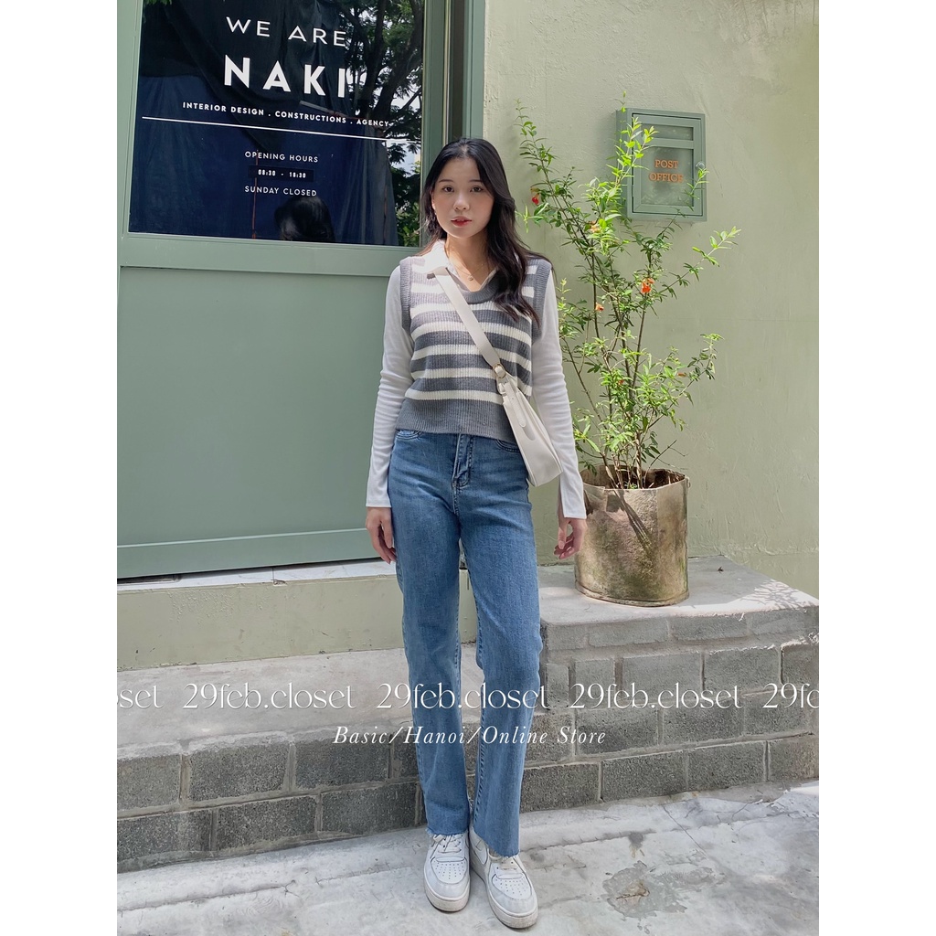 [Ảnh thật/Video] Quần jeans ống đứng trơn cạp cao co giãn - 29feb.closet - Q34