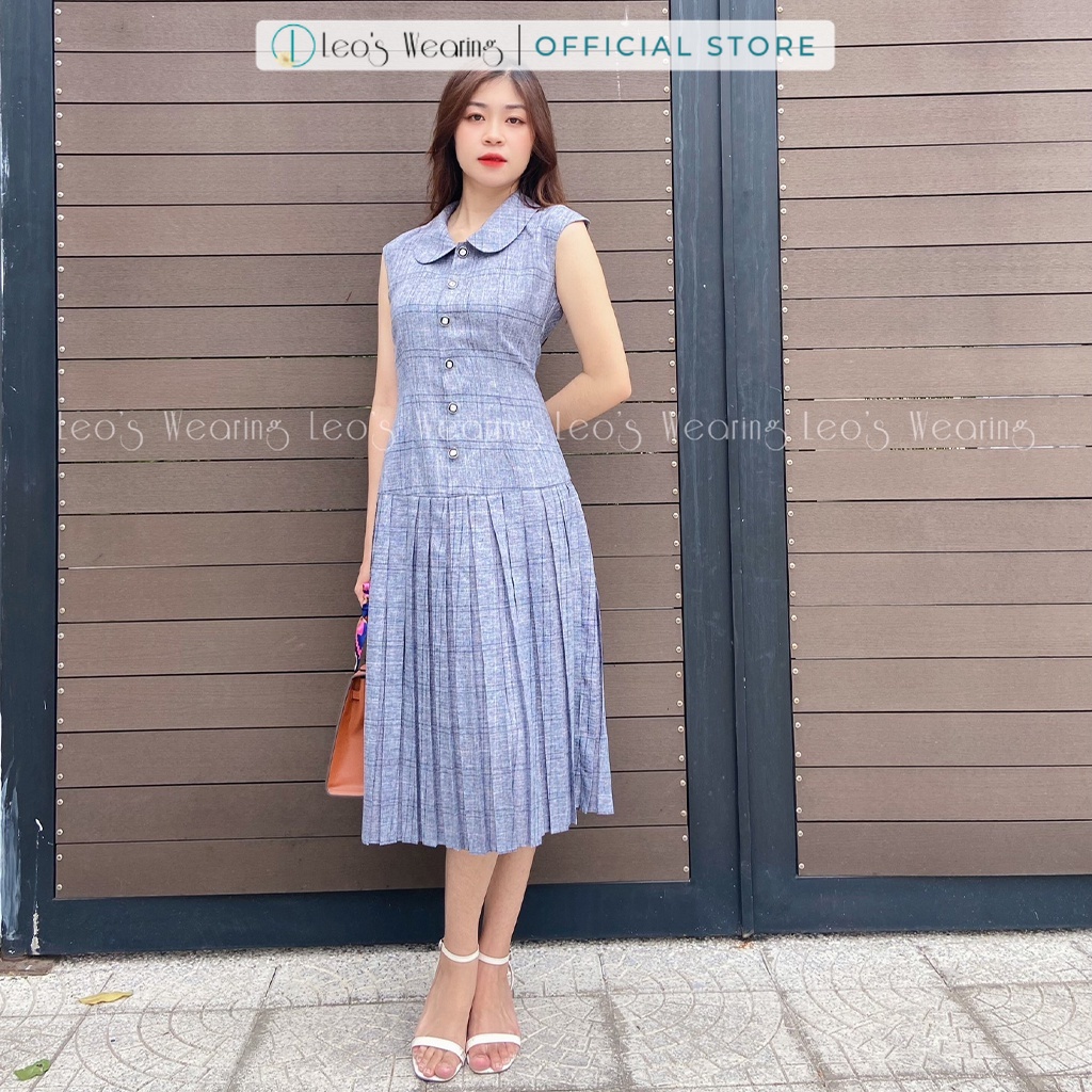 Đầm liền xếp ly dáng midi cổ bo cộc tay họa tiết caro trẻ trung LEOSWEARING công sở đi tiệc đi chơi N54