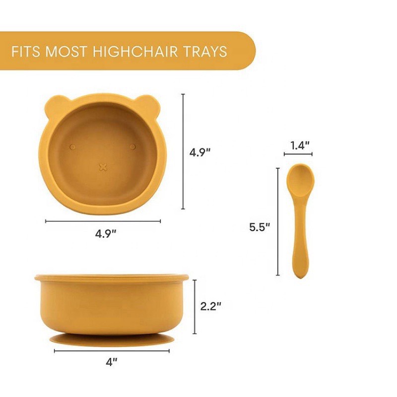 Set ăn dặm silicon 4 chi tiết: bát ăn dặm silicon kèm thìa, Yếm silicon, khay 4 ngăn/đĩa hình gấu Samimi cho bé