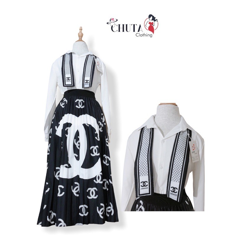 Áo sơmi nữ thêu huy hiệu Chanel kèm khăn thắt nơ