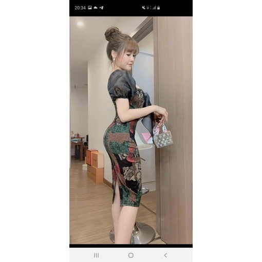 đầm umi 3D cổ vuông phối nơ kiểu sườn xám xẻ tà