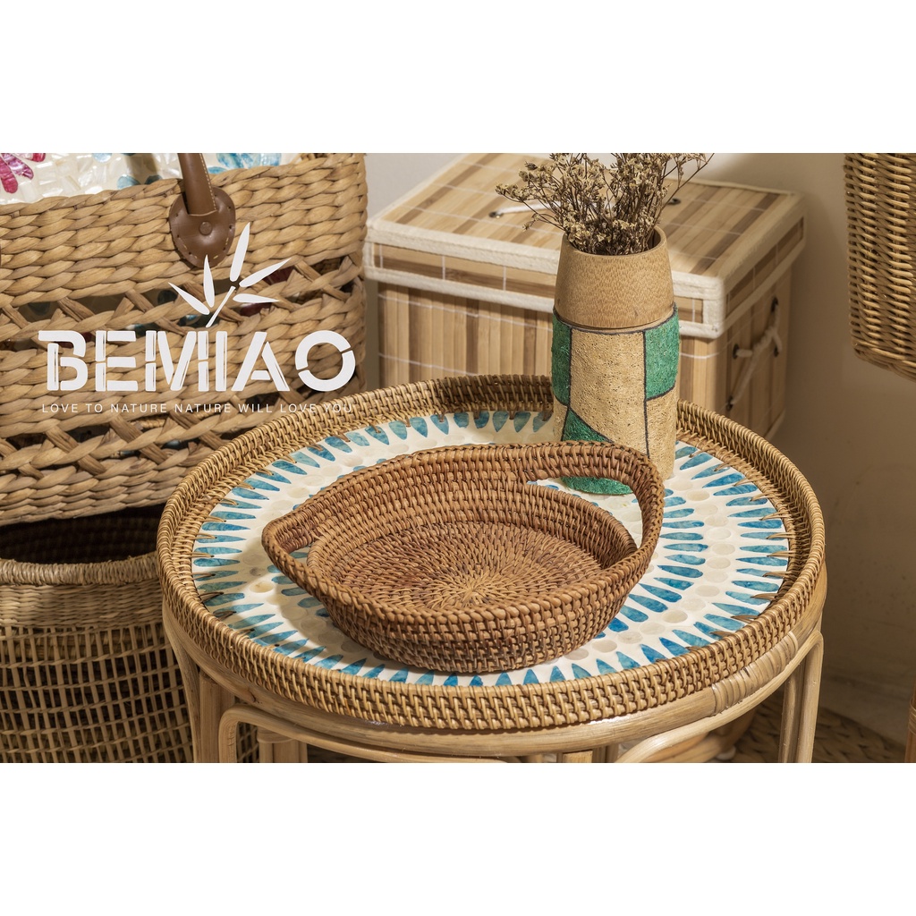 Khay mây đựng đồ BEMIAO, khay có tay cầm đựng đồ ăn, hoa quả, khay đa năng trang trí nhà cửa không gian sống