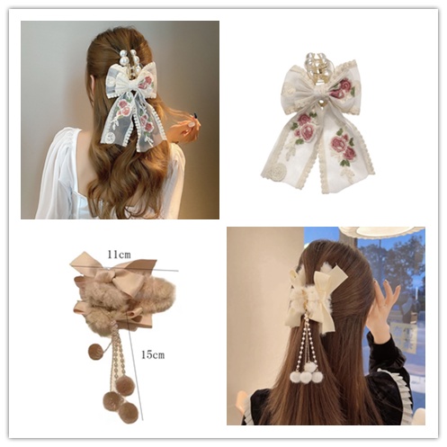 Kẹp Tóc Hình Nơ Đính Ngọc Trai Phối Lông Nhung Thời Trang Xinh Xắn Cho Nữ