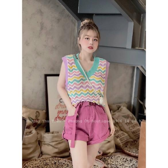 áo len ba lỗ sắc màu cổ tim phối viền xanh tím cho nữ