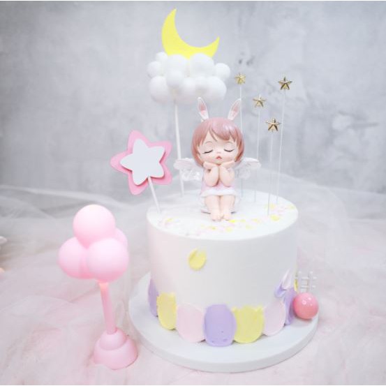 Phụ kiện bánh sinh nhật bánh kem - cặp đôi em bé thiên thần hồng tím