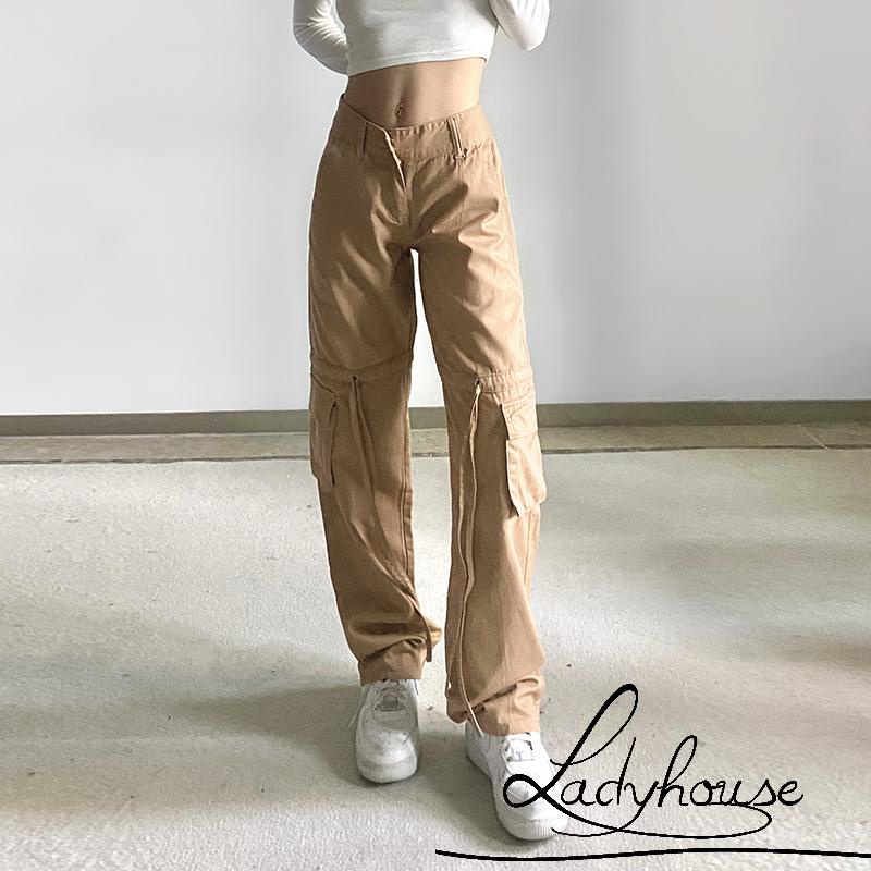 Quần Kaki Dài Lưng Cao Nhiều Túi Màu Trơn Thời Trang Dành Cho Nữ