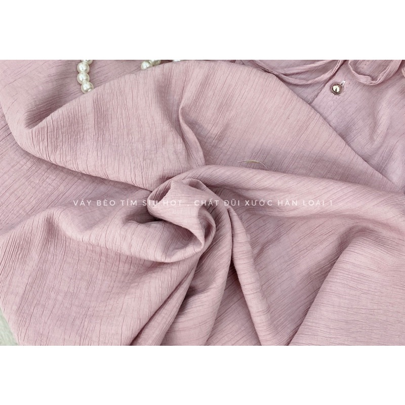 Váy tím đũi xước cổ sen bèo buộc dây cúc ngọc dáng xòe, đầm đũi suông dài dáng xòe màu tím xinh
