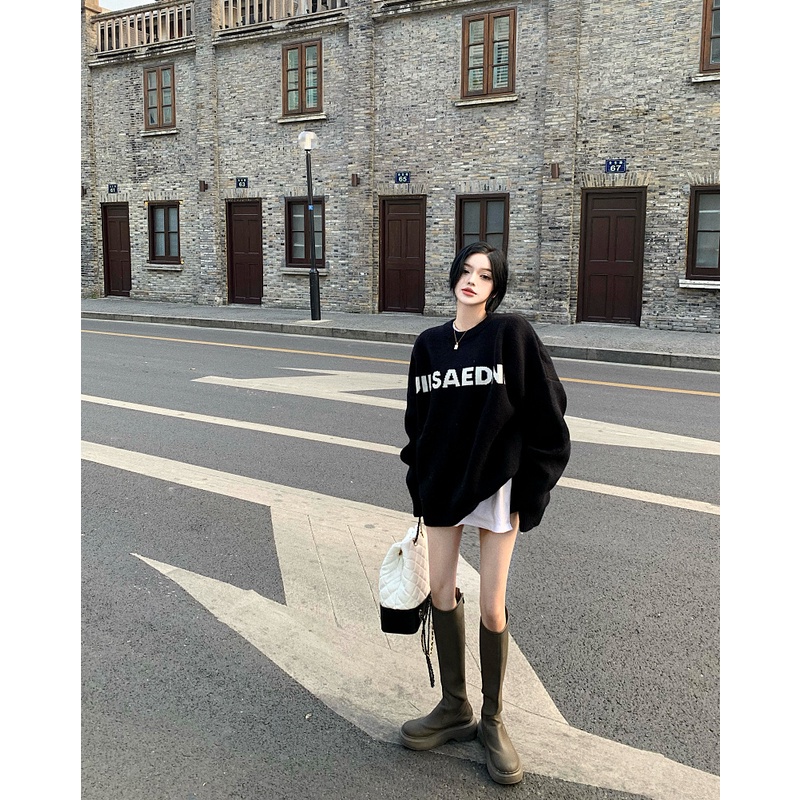 Áo Sweater Dệt Kim Tay Dài Dáng Rộng Màu Xanh Lá Kiểu Hàn Quốc Thời Trang Thu Đông Cho Nữ wd37