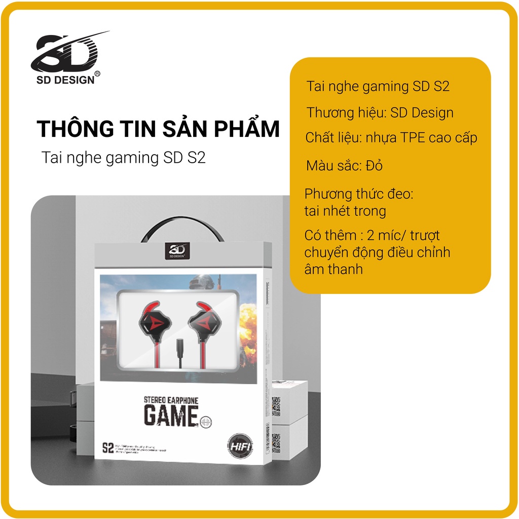 Tai nghe Gaming có mic rời S2 chính hãng SD DESIGN chuyên dùng cho game thủ PC PUBG/ROS/FreeFire, chân Jack cắm 3.5mm