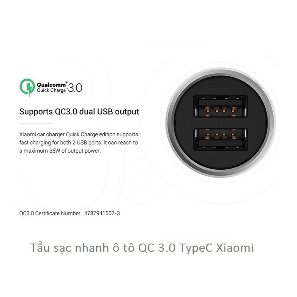 Tẩu Sạc Nhanh Trên Ô Tô 2 Cổng USB Xiaomi Quick Charger 3.0 Typec | Bảo Hành 12 Tháng
