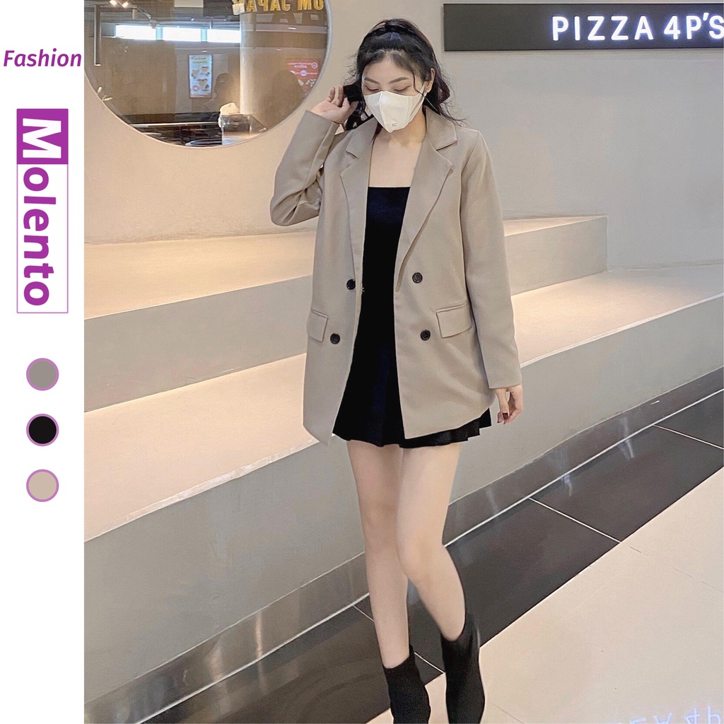 Áo Blazer Nữ Áo Vest Khoác Ngoài 2 Lớp Dài Tay Túi Nắp Dáng Rộng Phong Cách Hàn Quốc Màu Nâu Tây Be Đen Xanh MOLENTO M77