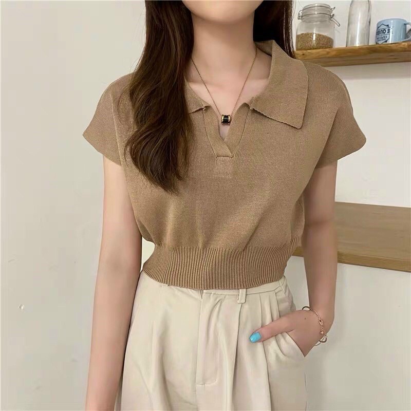 Áo len cổ bẻ dáng croptop bo gấu vai hến vải len mỏng mềm mịn AL7518 - NhiNhi Shop