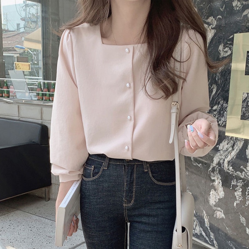 Áo Sơ Mi Dài Tay Phong Cách Hàn Quốc 175286 Áo Sơ Mi Cổ Vuông Dáng Rộng Màu Sắc Ngọt Ngào Phong Cách Phương Tây