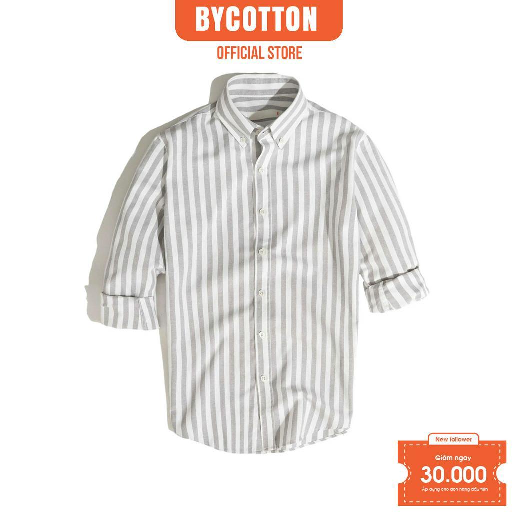 Áo Sơ Mi Nam Ngắn Tay Phối Sọc BY COTTON Light Grey Stripes Oxford 1122