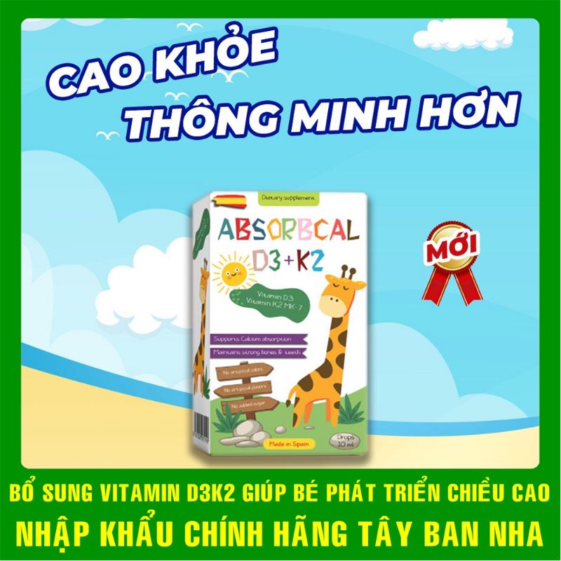 ABSORBCAL D3+K2 10ml bổ sung vitamin D3 K2 Mk7 giúp bé hấp thu Canxi cao khỏe, thông minh nhập khẩu Tây Ban Nha
