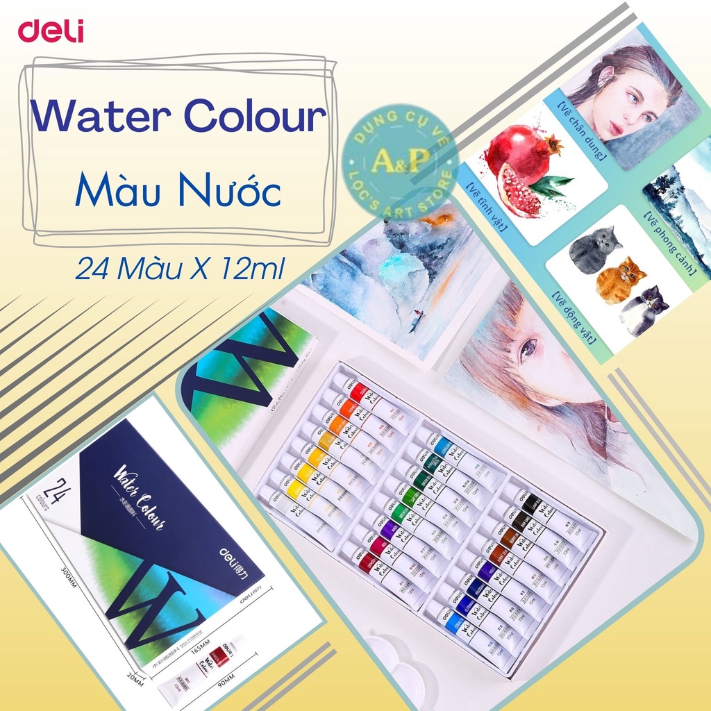 [Lộc's Art Store] Bộ Màu Nước Watercolour Cao Cấp DELI Dạng Tuýp 12/18/24 màu