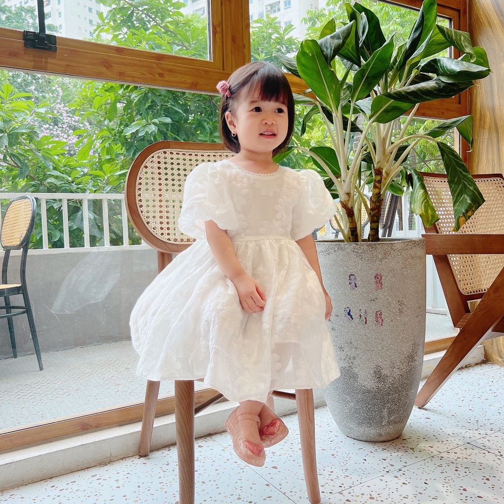 Váy cho bé gái - Váy công chúa tay phồng nơ lưng dáng xòe họa tiết sang trọng cho bé từ 1 đến 8 tuổi chất tơ đũi mềm mịn