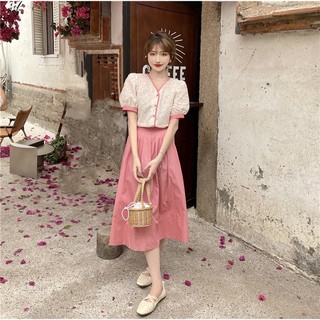 SET ÁO HOA NÚT BỌC + CHÂN VÁY DÀI