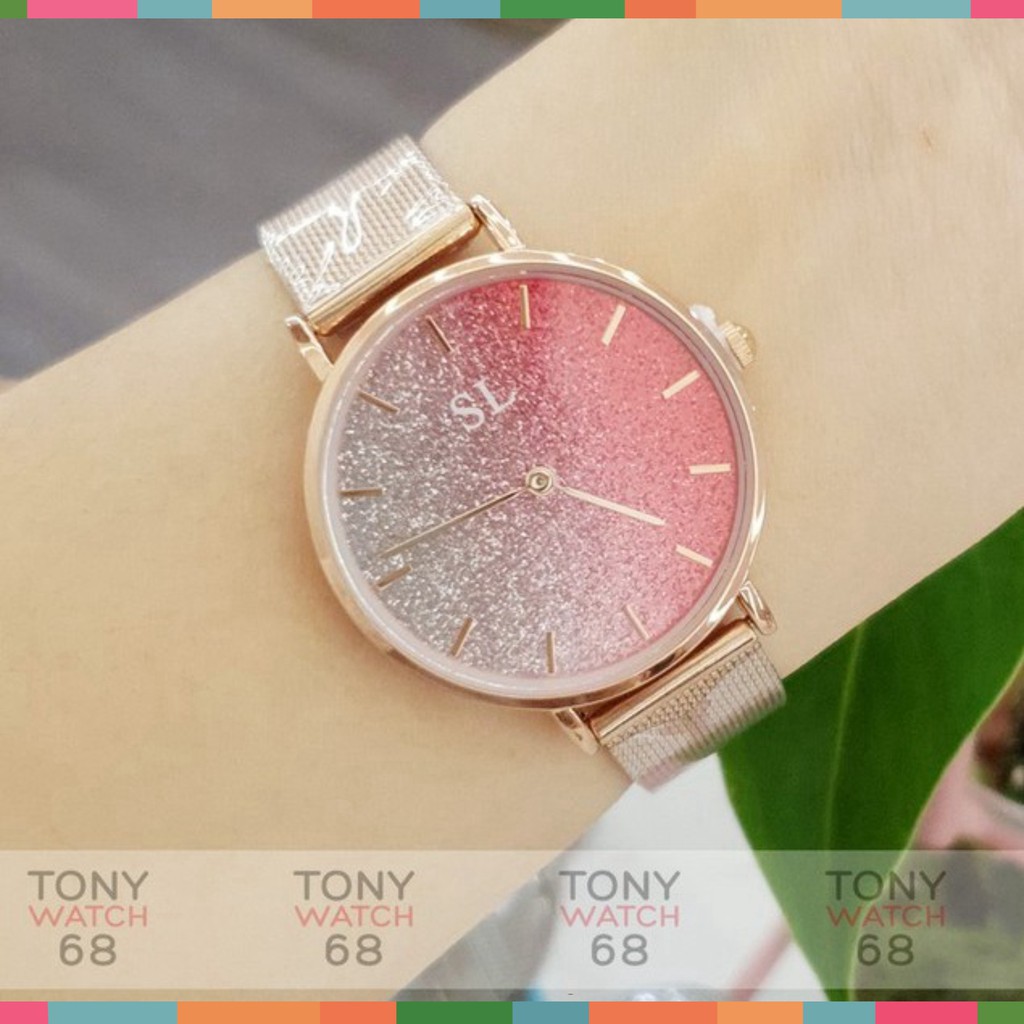 Đồng hồ nữ SL dây kim loại vàng hồng mặt nhũ 2 màu độc đáo chống nước chính hãng Tony Watch 68