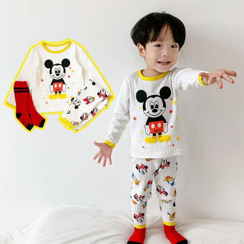 IU Baby Kids Girls Boys Cartoon Mickey Pincess Print Sleepwear Long Sleeve Blouse Casual Long Pants Set