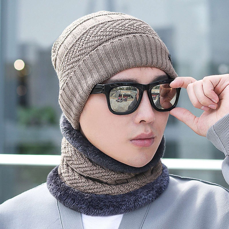 Set Mũ Len Beanie Và Khăn Choàng Cổ Dạng Ống Cho Nam