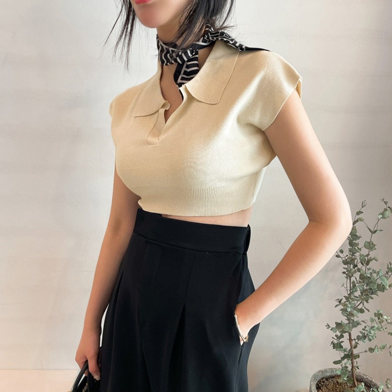 Áo thun dệt kim tay ngắn cổ bẻ màu trơn dáng ôm thời trang cho nữ
