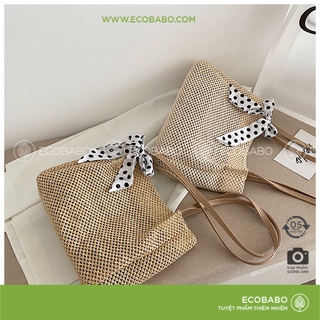 Túi cói đeo chéo phối nơ họa tiết chấm bi xinh xắn - Ecobabo