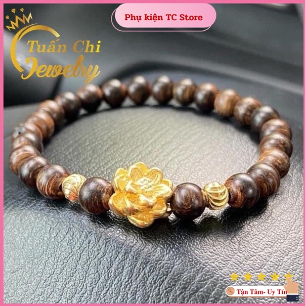 Vòng tay Trầm Hương- Vòng đôi nam nữ hạt gỗ cao cấp, kết hợp phụ kiện hoa sen bạc xi vàng bình an