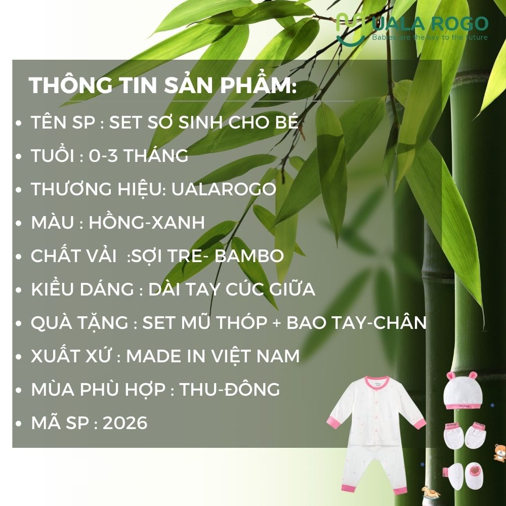 Quần áo sơ sinh bé trai bé gái Uala rogo TẶNG set mũ bao tay chân 0-3 tháng vải sợi tre Bamboo fabric mềm mịn 2026