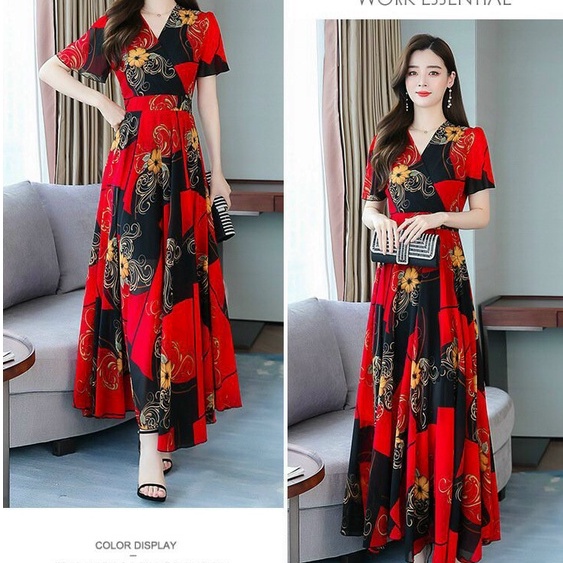 Váy Đi Biển - Đầm Maxi Dáng Dài Cổ V Họa Tiết Voan Lụa Quảng Châu Cao Cấp Siêu Sang